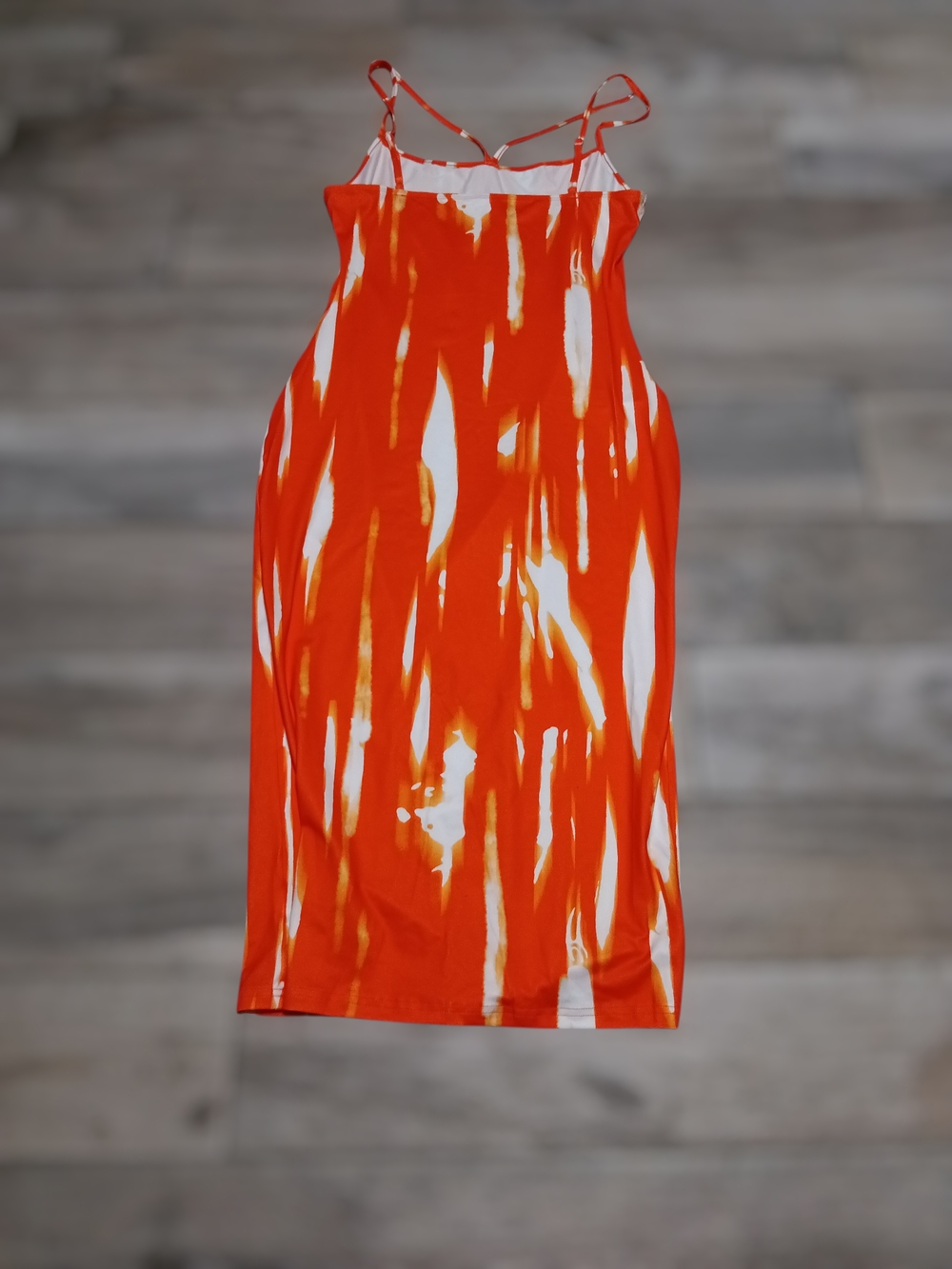 Women’s Orange Tie Dye Midi Dress – Fitted Bodycon Style with Spaghetti Straps - Picture 3 of 3